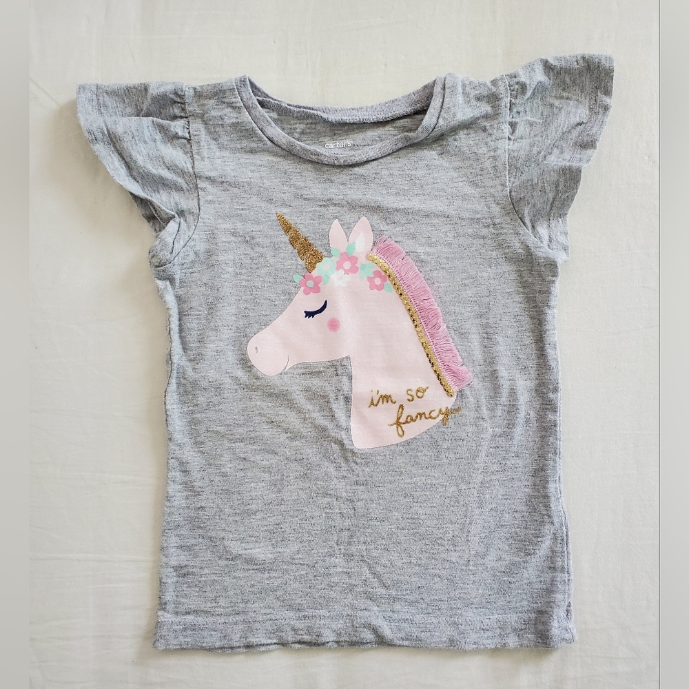 Carter's Light Gray Flutter Sleeve Embellished Unicorn Tee Size 2T